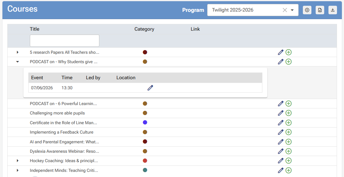 Improve PD course management screenshot